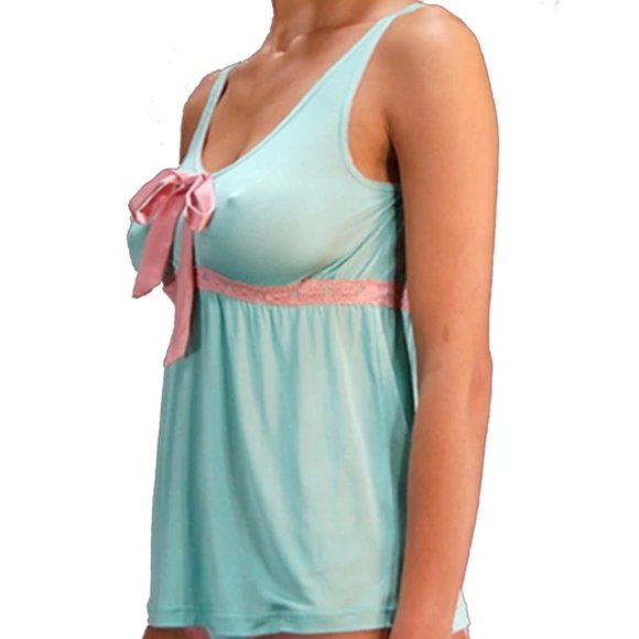 100% silk knit Baby doll with tie and lace - Blue - Picture 3 of 3